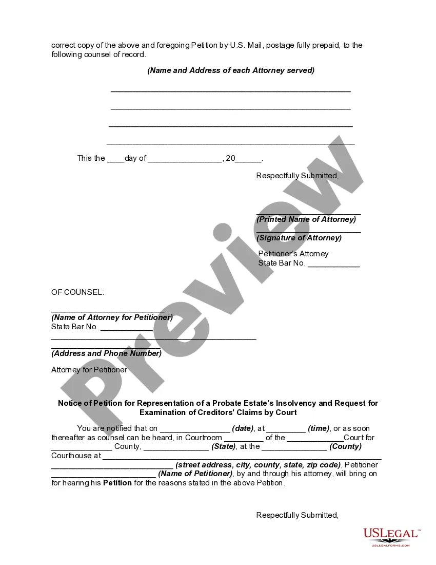 Get Petition for Representation of a Probate Estate's Insolvency and Request Preview Petition for Representation of a Probate Estate's Insolvency and Request