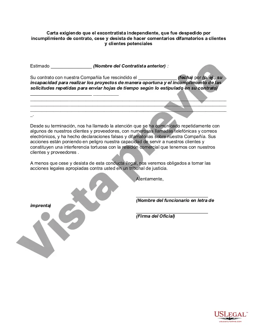 Preview Carta exigiendo que el excontratista independiente, que fue despedido por incumplimiento de contrato, cese y desista de hacer comentarios difamatorios a clientes y clientes potenciales