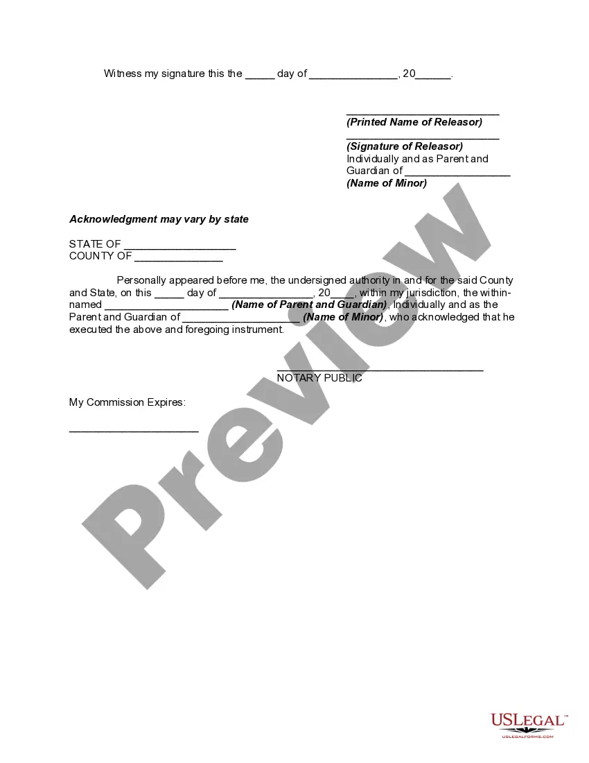 Get Release by Parent on Behalf of Child for Injuries Sustained in Accident Preview Release by Parent on Behalf of Child for Injuries Sustained in Accident