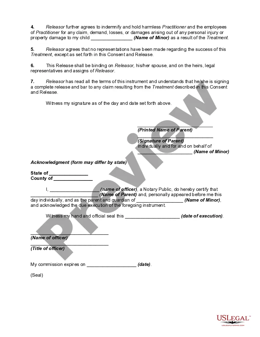 Get Consent to Head Lice Removal for a Minor, Release of Practitioner from Liability, and Indemnity Agreement Preview Consent to Head Lice Removal for a Minor, Release of Practitioner from Liability, and Indemnity Agreement
