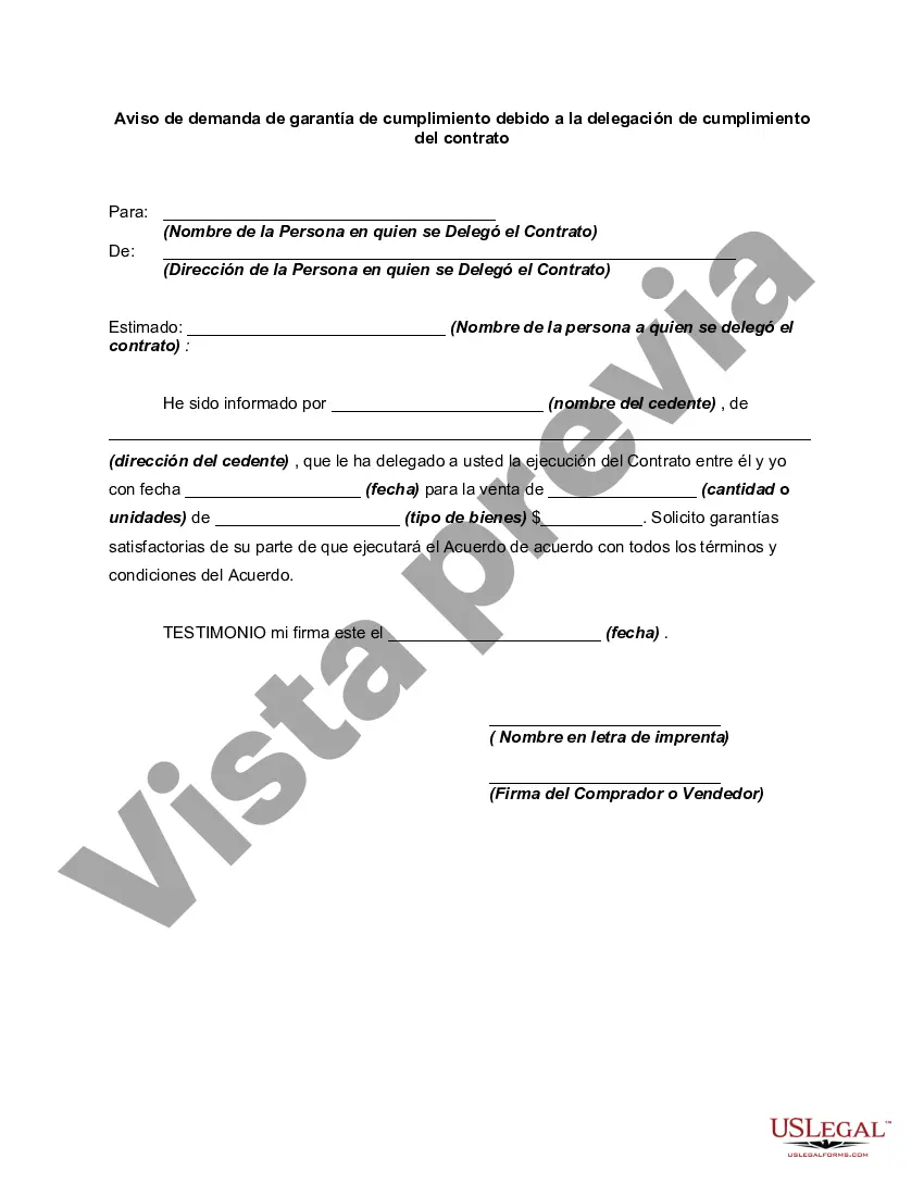 Preview Aviso de demanda de garantía de cumplimiento debido a la delegación de cumplimiento del contrato
