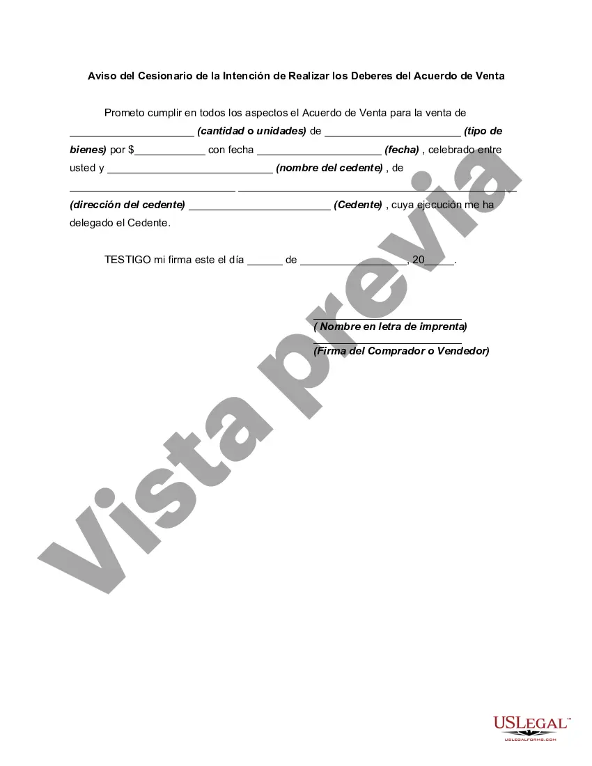 Preview Aviso del Cesionario de la Intención de Realizar los Deberes del Acuerdo de Venta