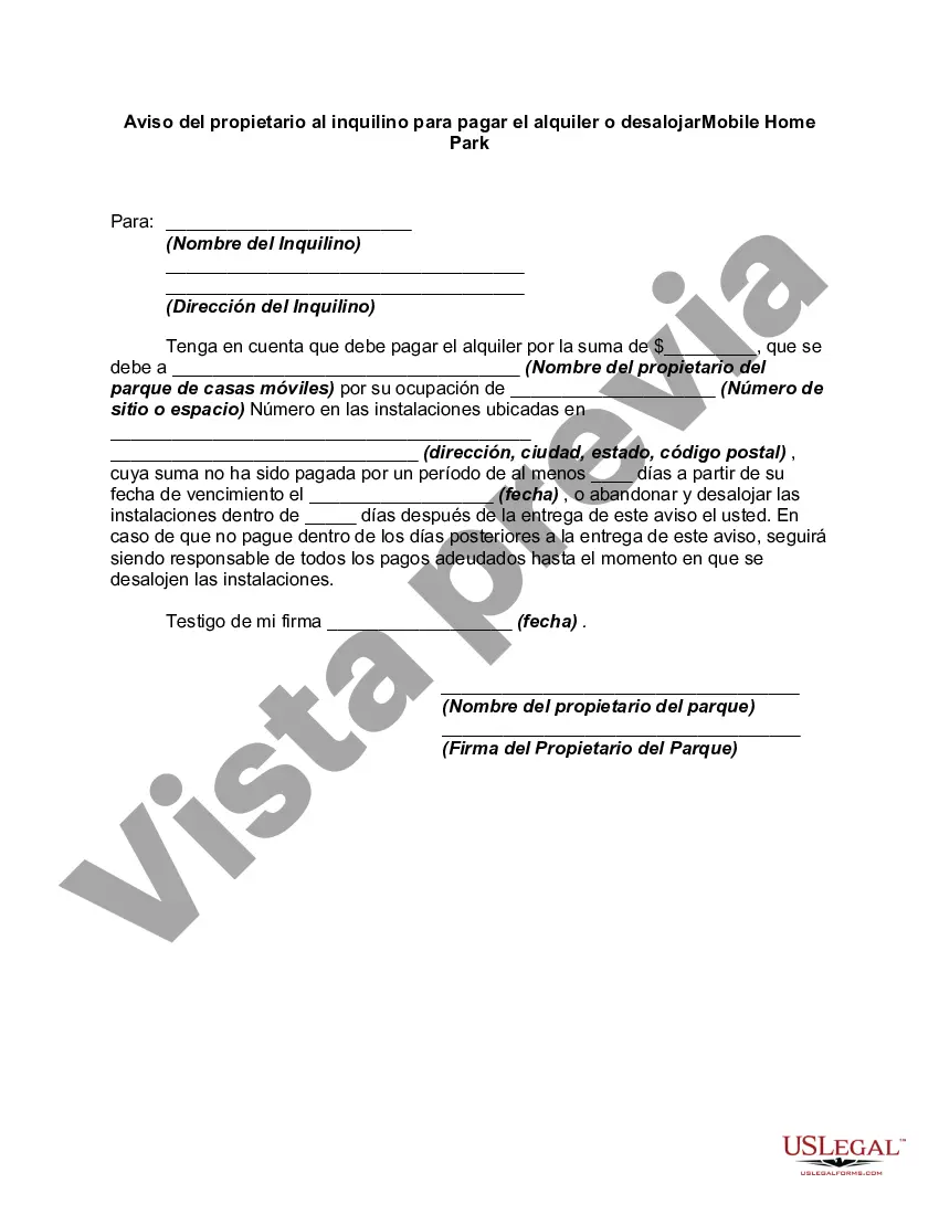 Preview Aviso del propietario al inquilino para pagar el alquiler o desalojar el parque de casas móviles