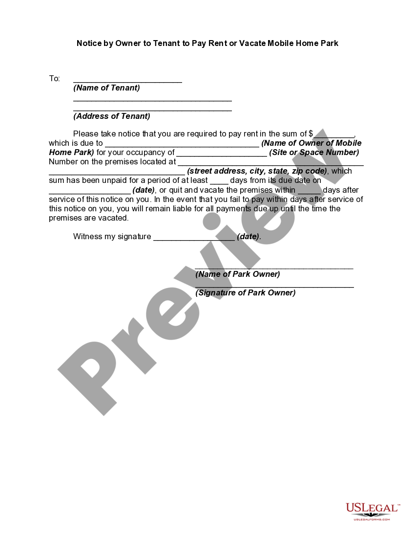 Oregon Notice by Owner to Tenant to Pay Rent or Vacate Mobile Home Park