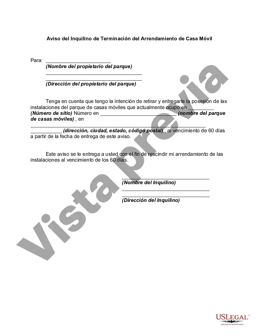 Preview Aviso del Inquilino de Terminación del Arrendamiento de Casa Móvil