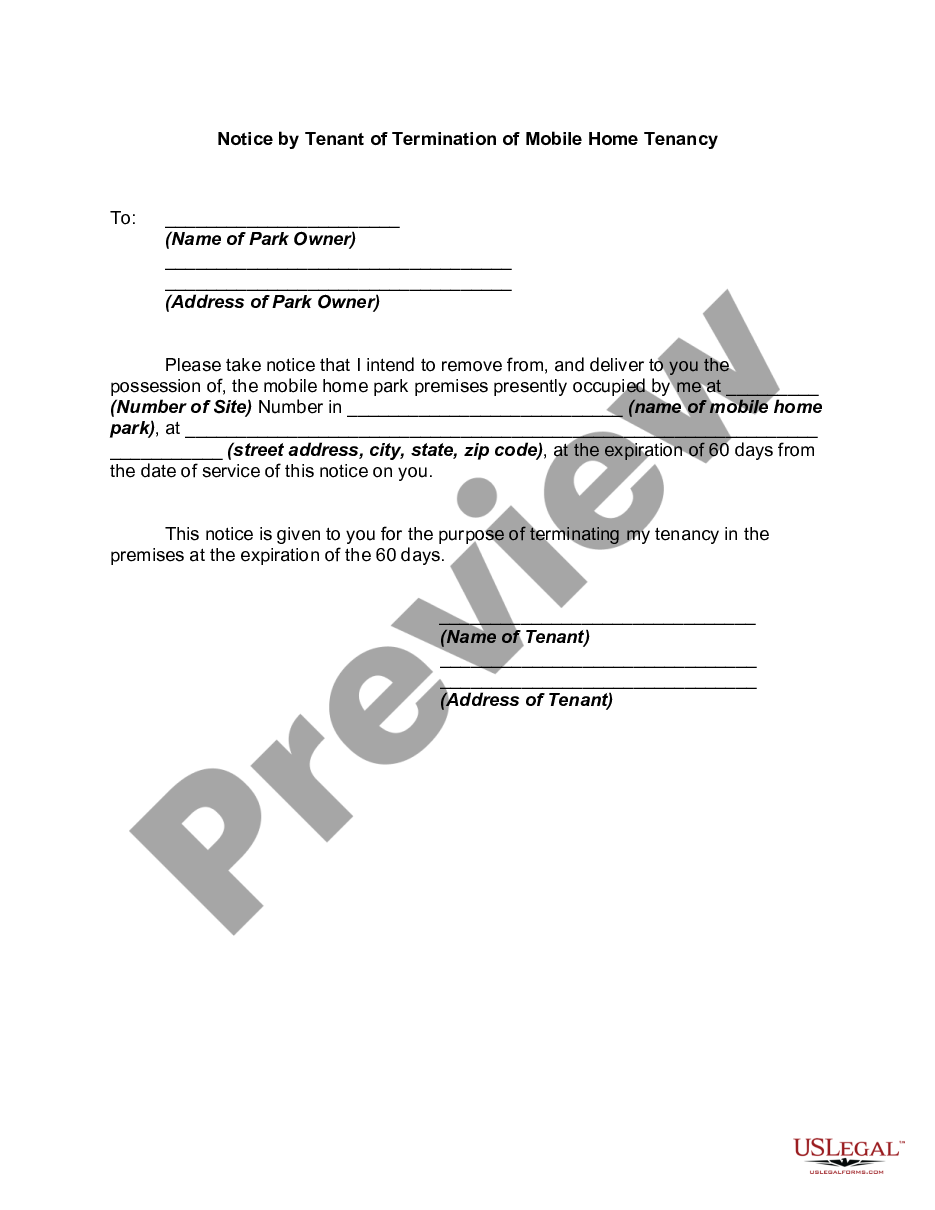 form Notice by Tenant of Termination of Mobile Home Tenancy preview