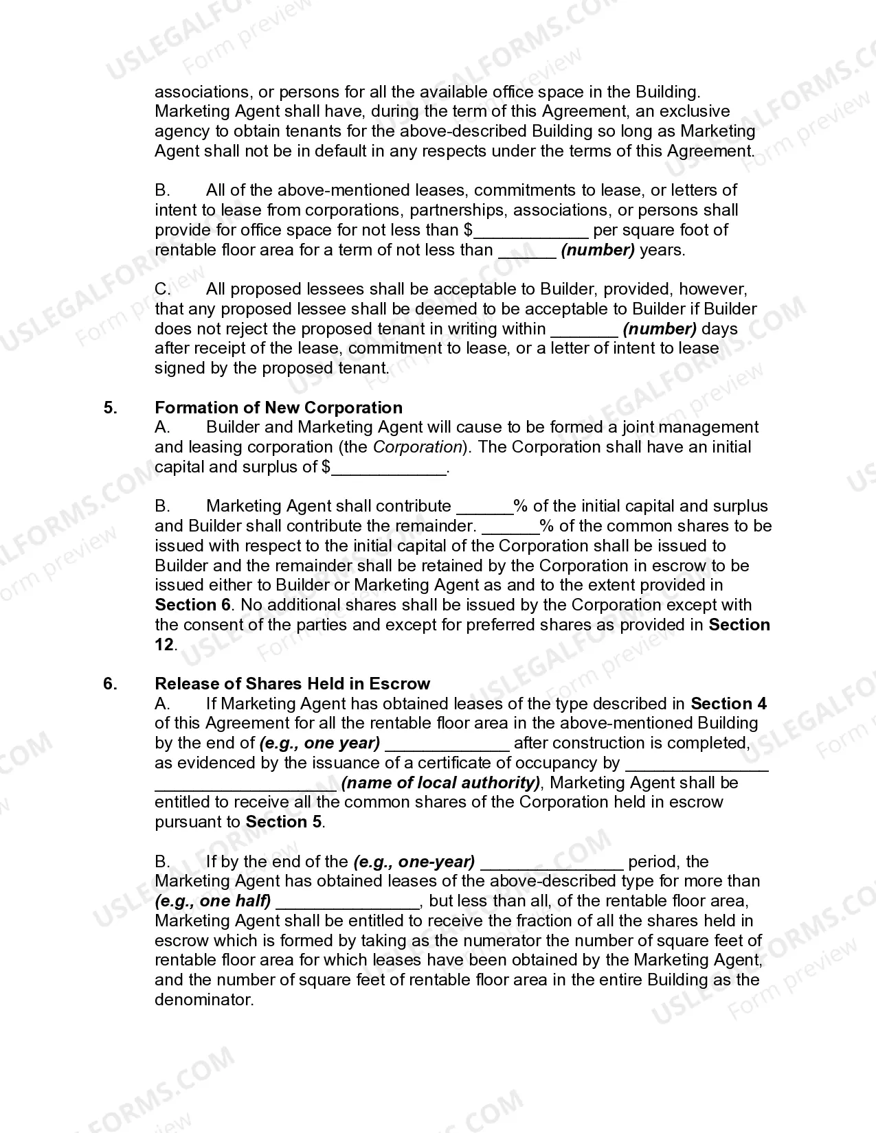 Preview Agreement to Incorporate to Erect Commercial Builder with Builder and Marketing Agent to become Shareholders in the Corporation and the Building to be Transferred to New Corporation