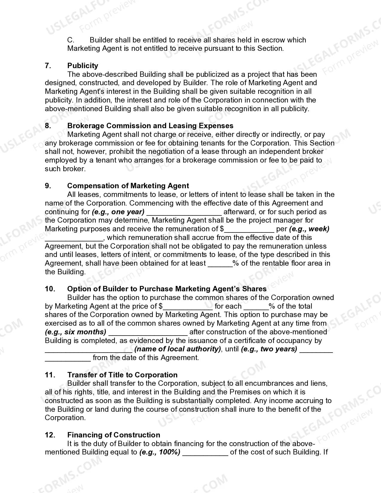 Preview Agreement to Incorporate to Erect Commercial Builder with Builder and Marketing Agent to become Shareholders in the Corporation and the Building to be Transferred to New Corporation