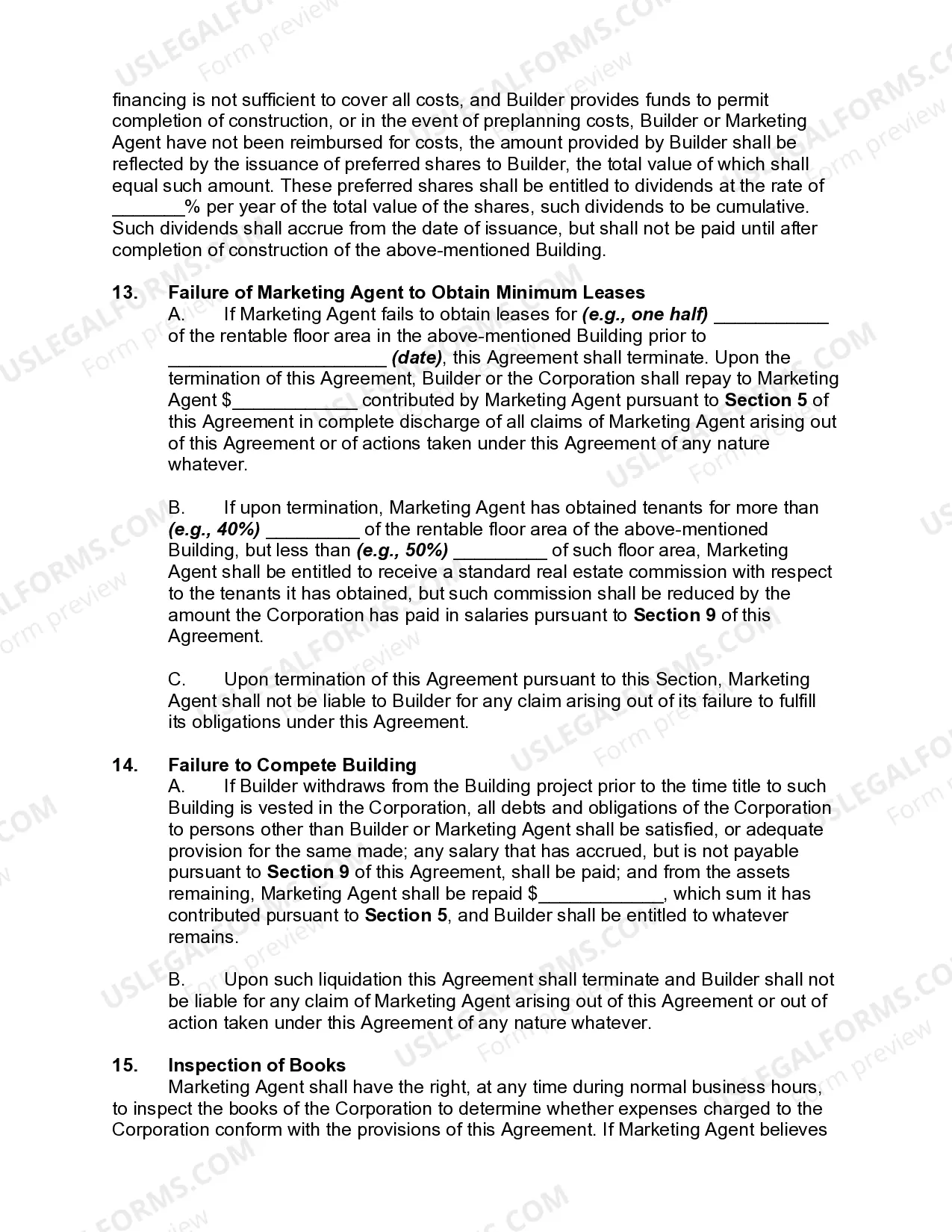 Preview Agreement to Incorporate to Erect Commercial Builder with Builder and Marketing Agent to become Shareholders in the Corporation and the Building to be Transferred to New Corporation