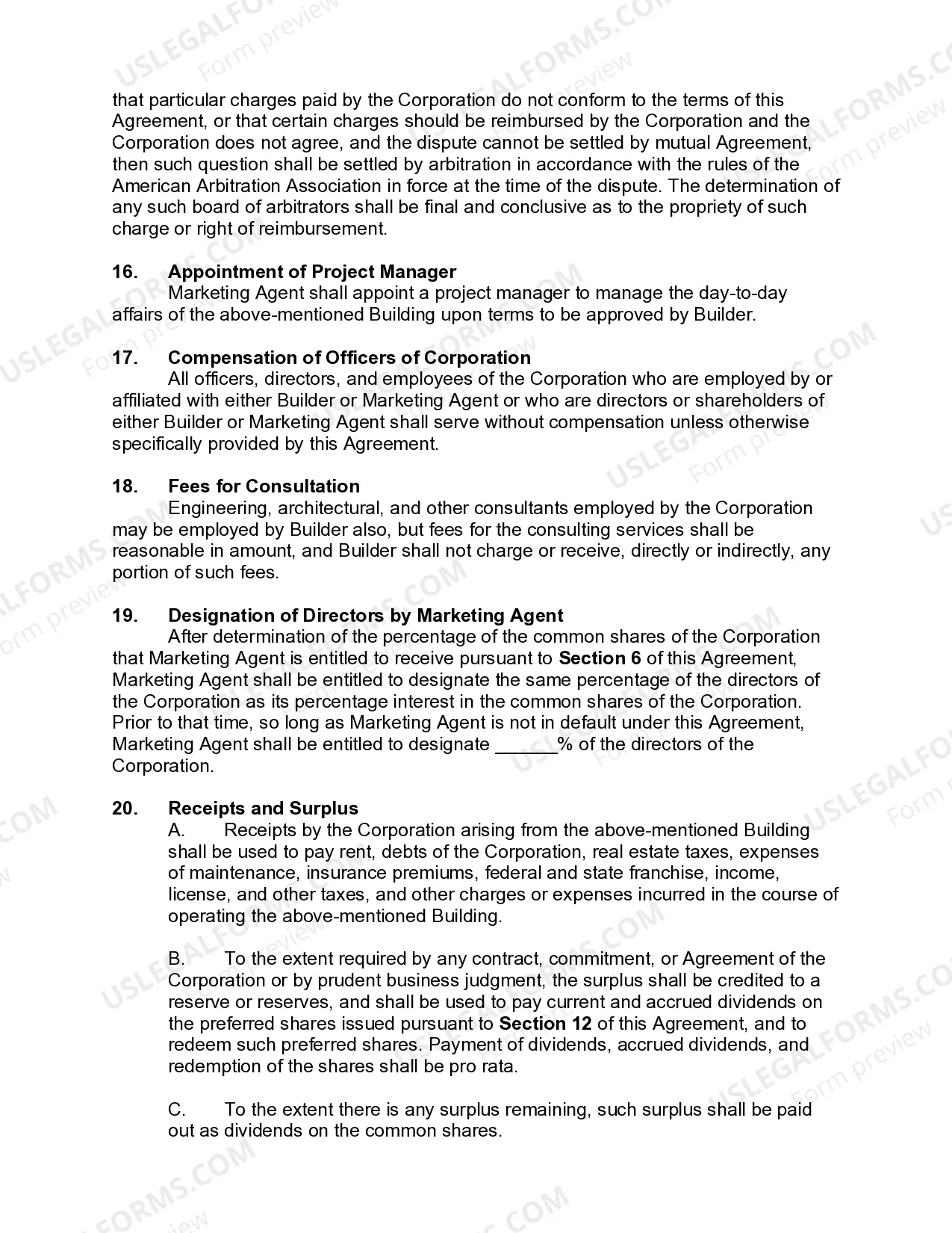 Preview Agreement to Incorporate to Erect Commercial Builder with Builder and Marketing Agent to become Shareholders in the Corporation and the Building to be Transferred to New Corporation