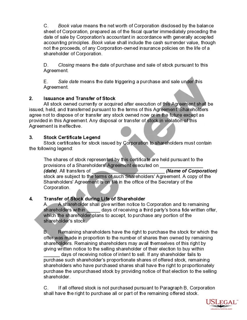 Preview Buy-Sell Agreement between Shareholders of Closely Held Corporation