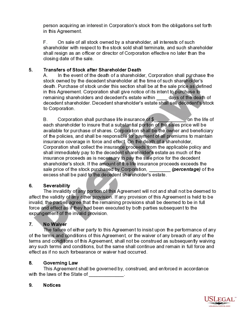 Preview Buy-Sell Agreement between Shareholders of Closely Held Corporation