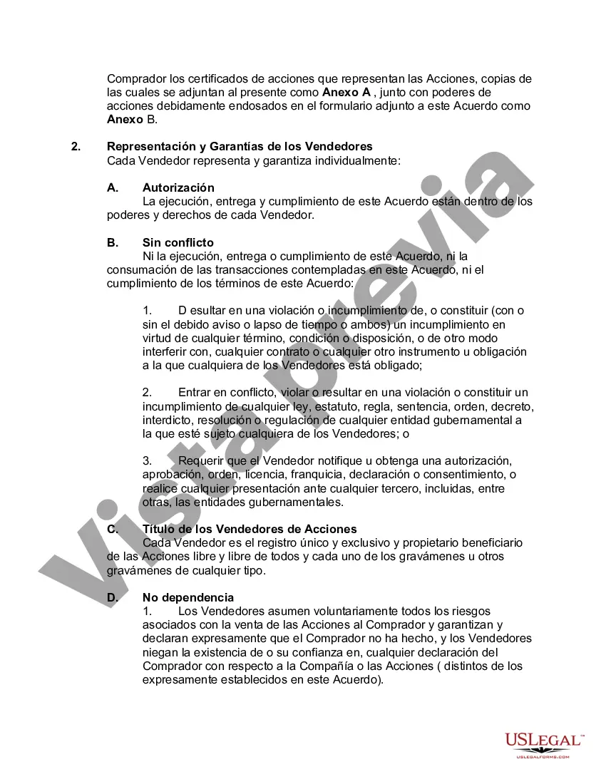 Preview Acuerdo de compra de acciones entre dos vendedores y un inversionista con transferencia de título concurrente con la ejecución del acuerdo