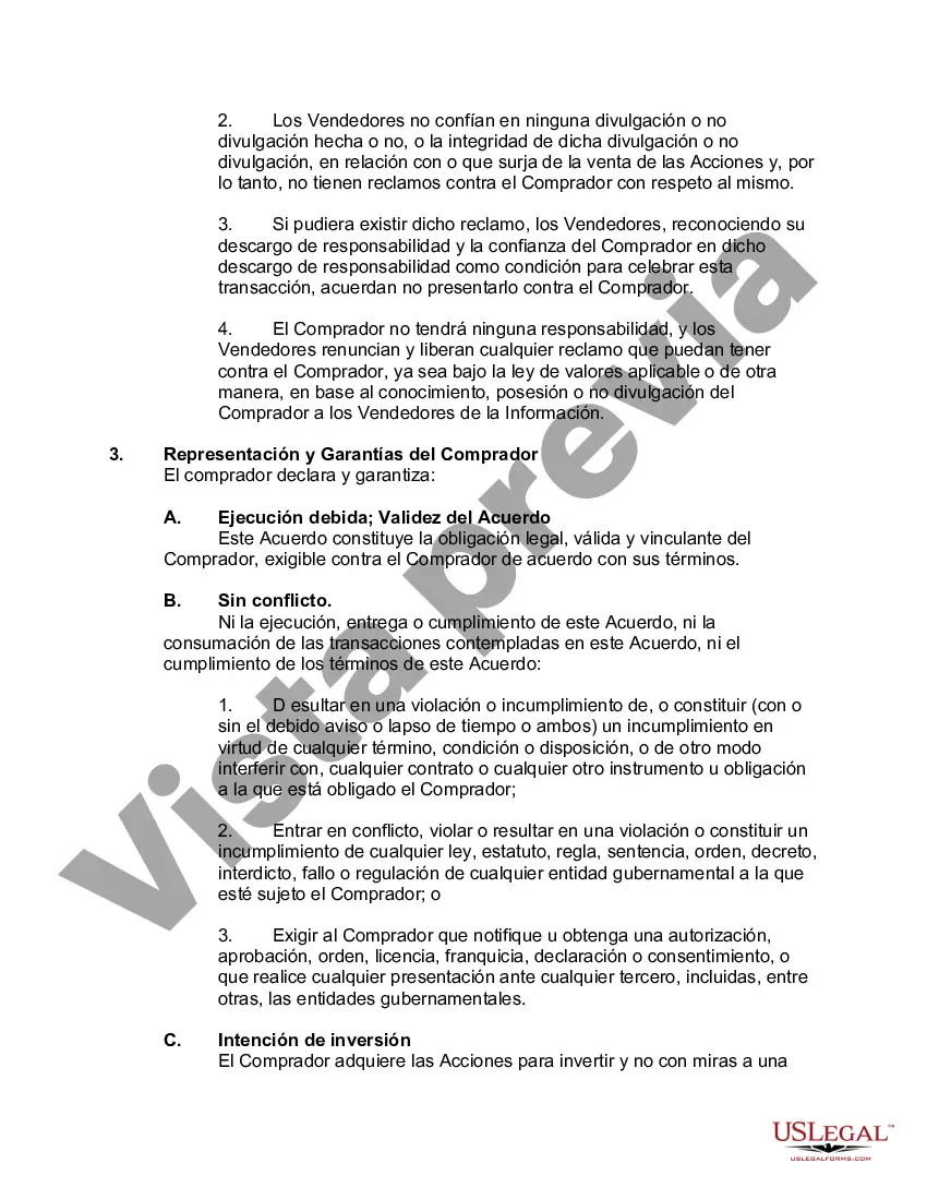 Preview Acuerdo de compra de acciones entre dos vendedores y un inversionista con transferencia de título concurrente con la ejecución del acuerdo