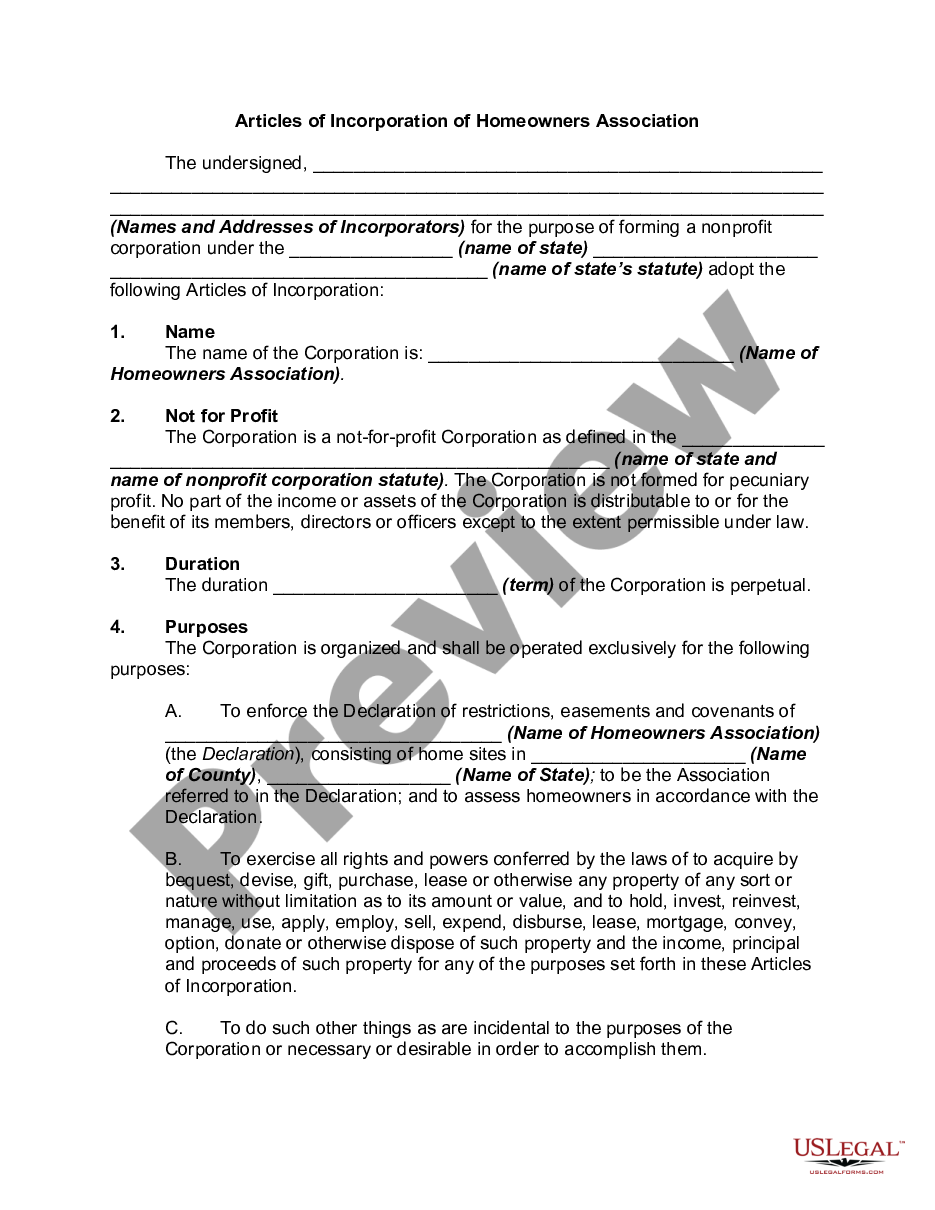 form Articles of Incorporation of Homeowners Association preview