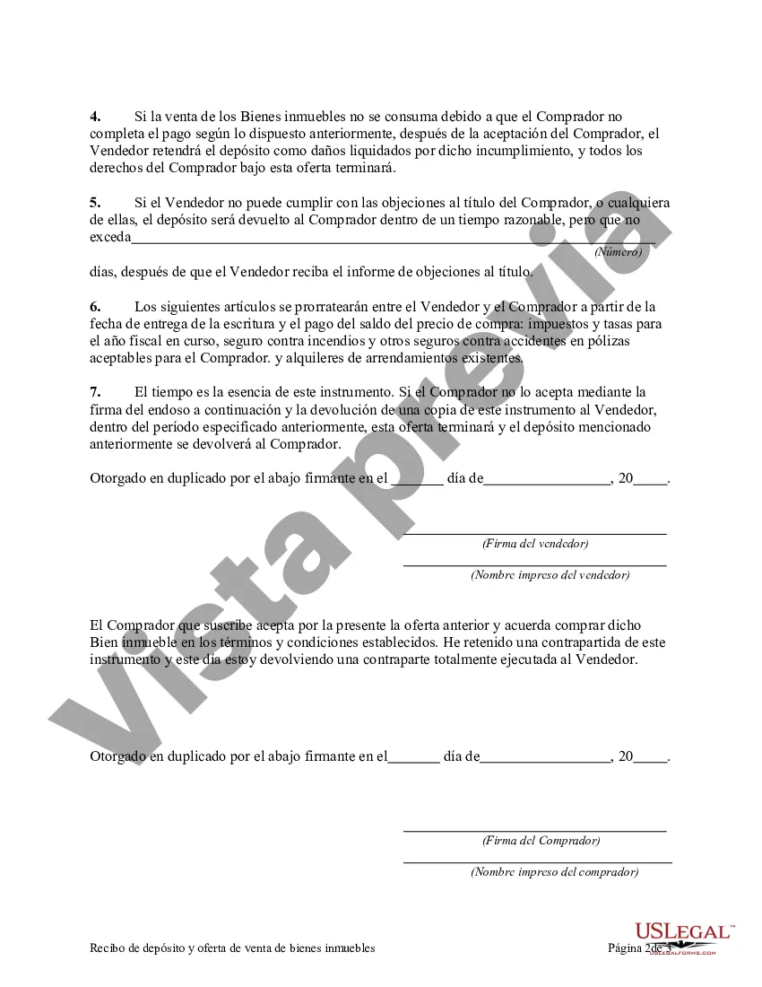 Preview Recibo de depósito y oferta de venta de bienes inmuebles por parte del vendedor que actúa sin corredor con aceptación