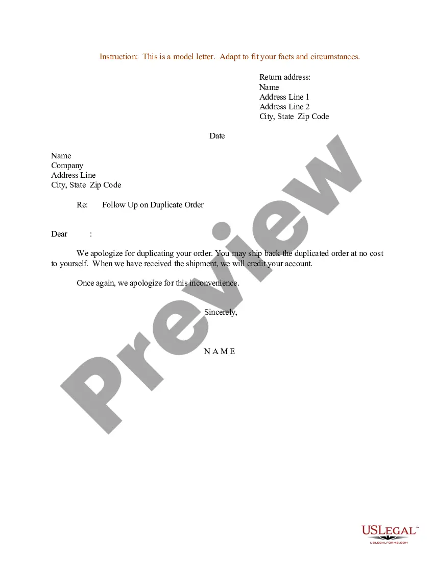 Preview Sample Letter for Follow-up on Duplicate Order