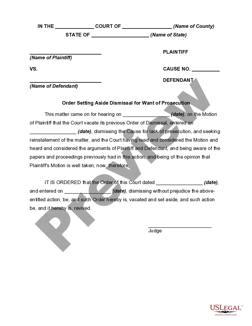 Get Order Setting Aside Dismissal for Want of Prosecution Preview Order Setting Aside Dismissal for Want of Prosecution