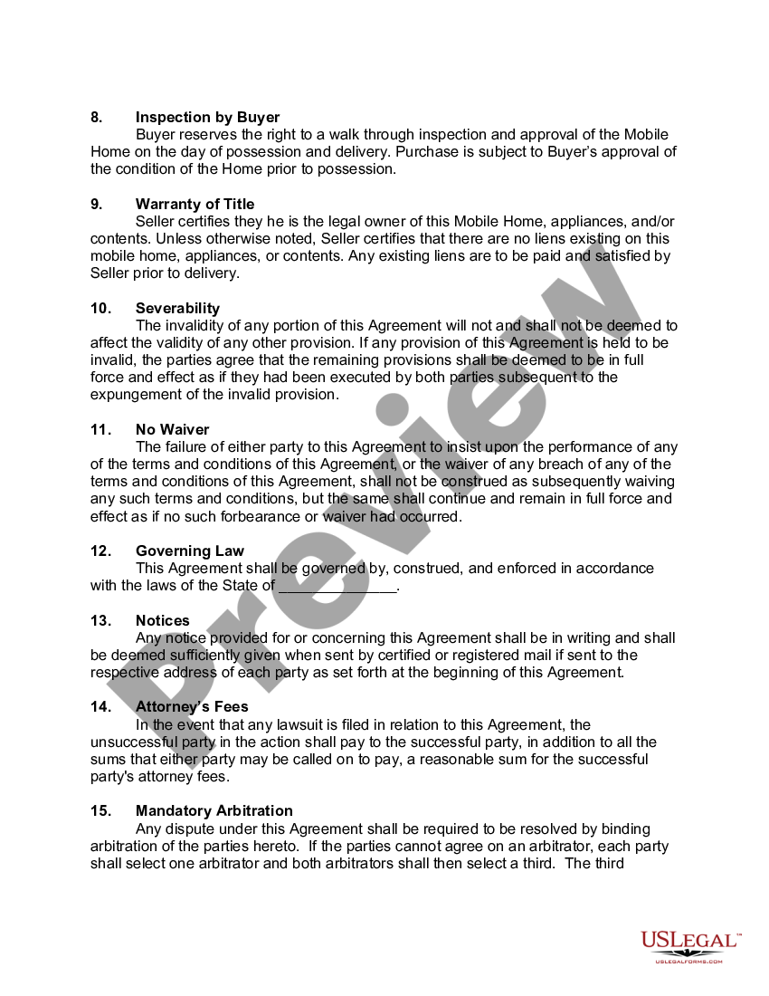 Printable Simple Mobile Home Purchase Agreement