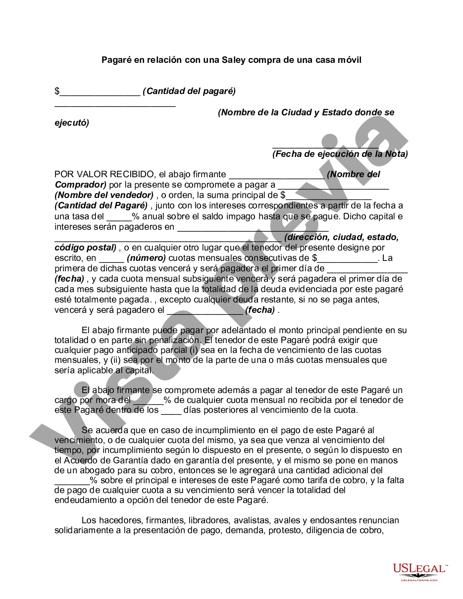 Pagaré En Relación Con La Compra Y Venta De Una Casa Móvil Compra Venta Us Legal Forms 7512