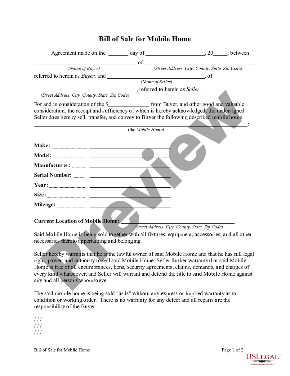 form Bill of Sale for Mobile Home preview
