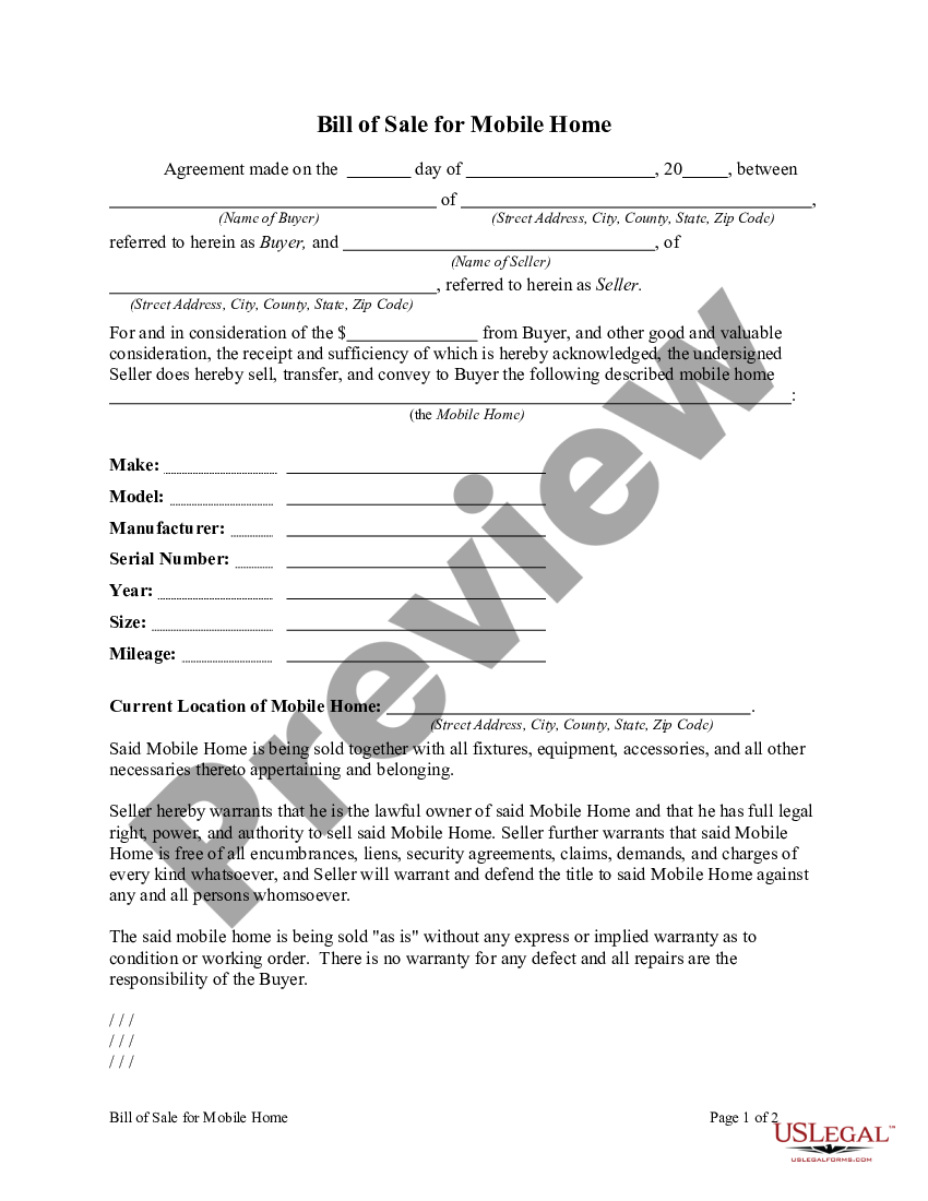 Texas Bill of Sale for Mobile Home Bill Sale Mobile Home US Legal Forms