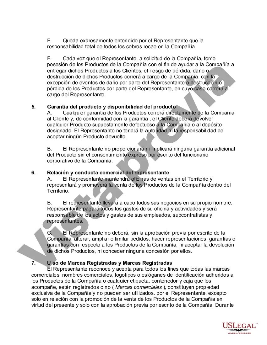 Preview Acuerdo de representación del fabricante para la venta de productos del fabricante a distribuidores