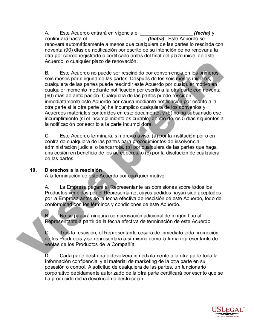 Preview Acuerdo de representación del fabricante para la venta de productos del fabricante a distribuidores