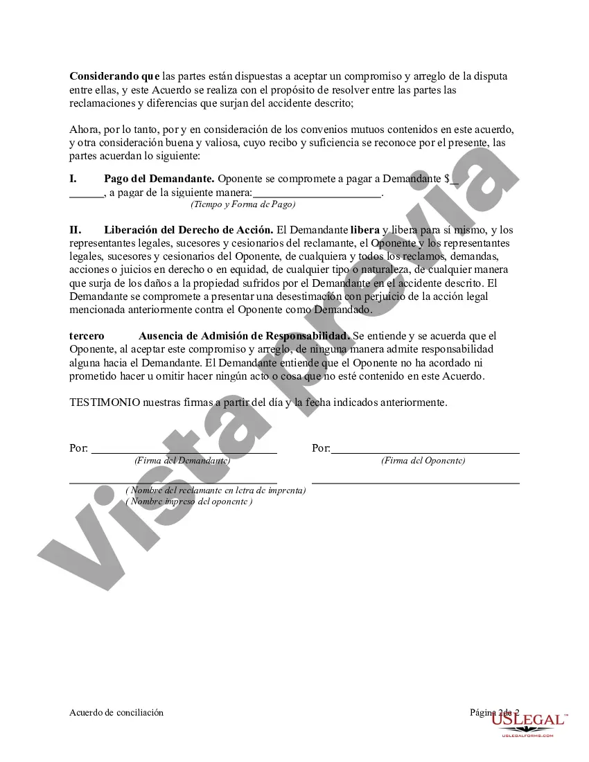 Preview Acuerdo de conciliación sobre daños a la propiedad debido a un accidente automovilístico