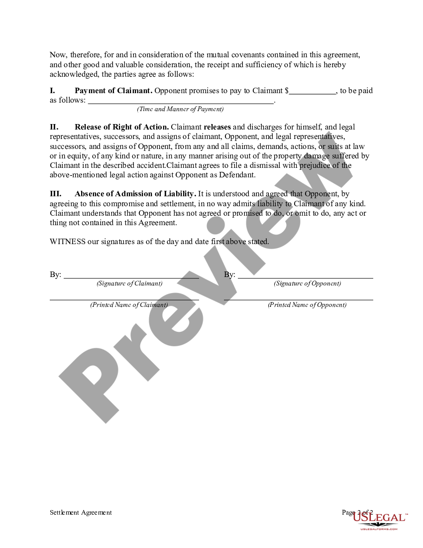 Settlement Agreement Regarding Property Damages due to an Automobile