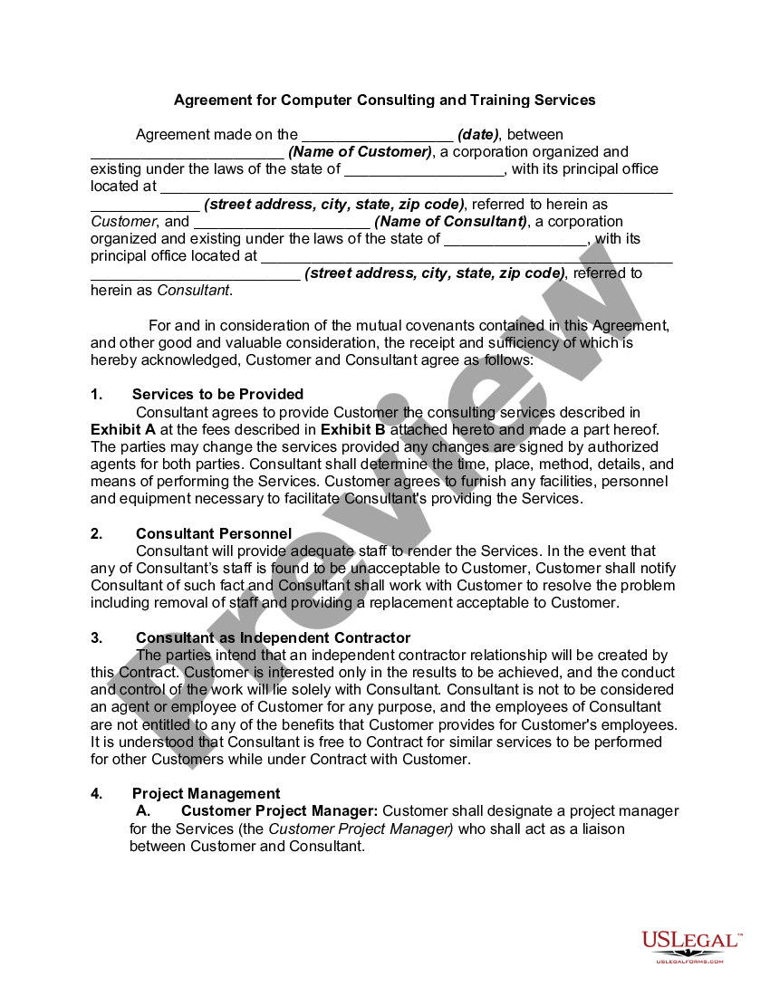 Utah Agreement for Computer Consulting and Training Services ...