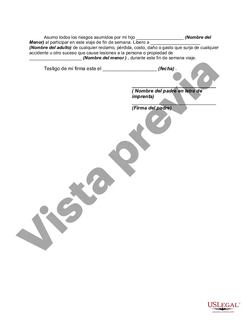 Preview Consentimiento del padre o tutor para que el menor pase el fin de semana con un adulto no relacionado con el menor y consentimiento para atención médica si es necesario