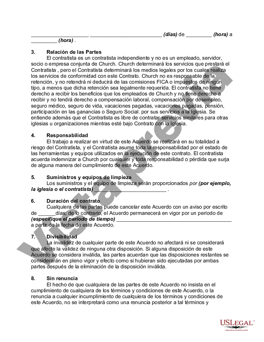 Preview Acuerdo para proporcionar servicios de custodia a tiempo parcial a una iglesia