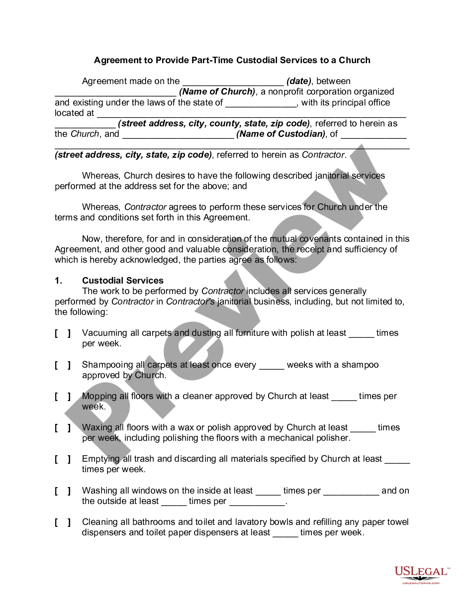 page 0 Agreement to Provide Part-Time Custodial Services to a Church preview