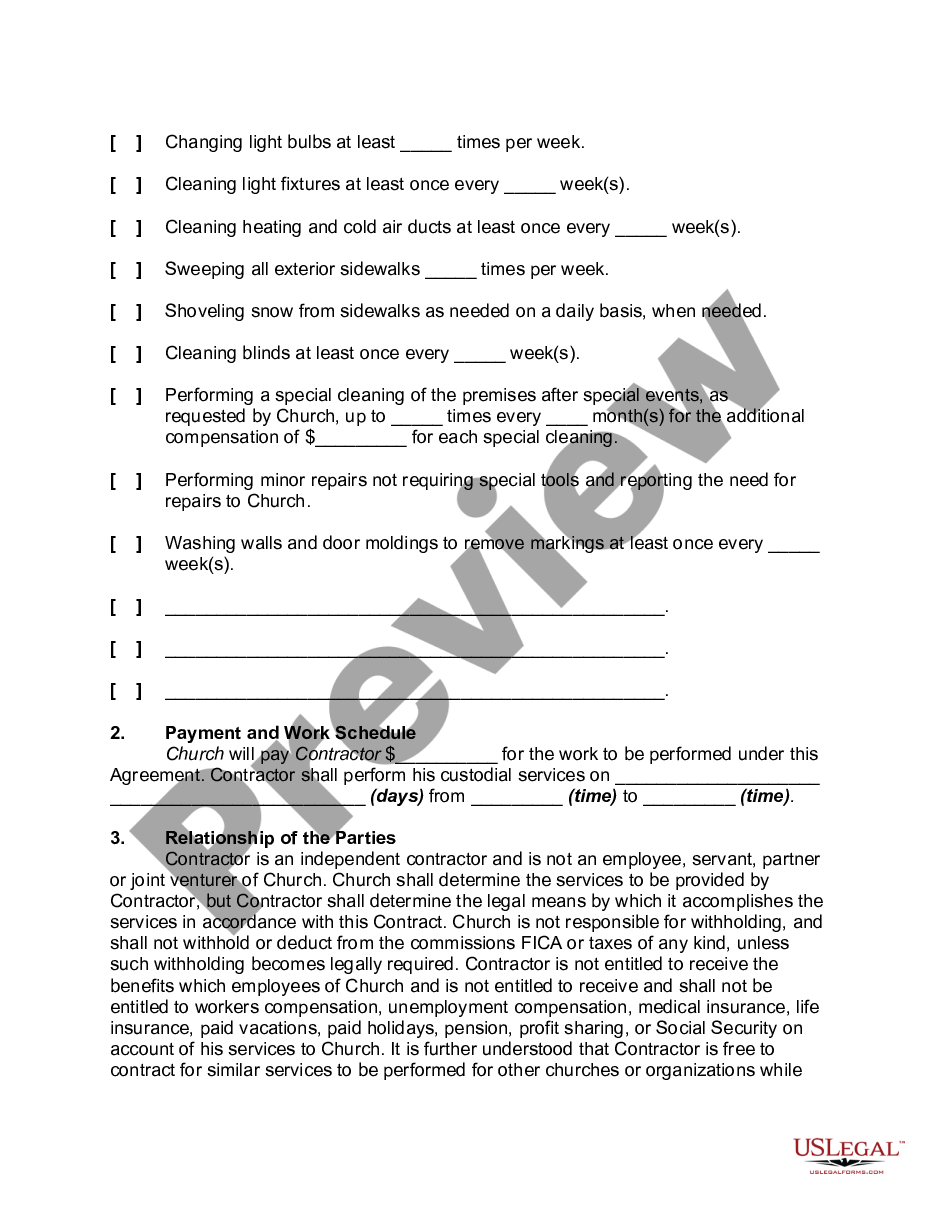 page 1 Agreement to Provide Part-Time Custodial Services to a Church preview