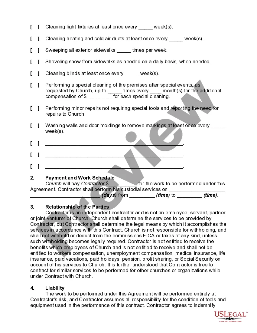 Get Agreement to Provide Part-Time Custodial Services to a Church Preview Agreement to Provide Part-Time Custodial Services to a Church