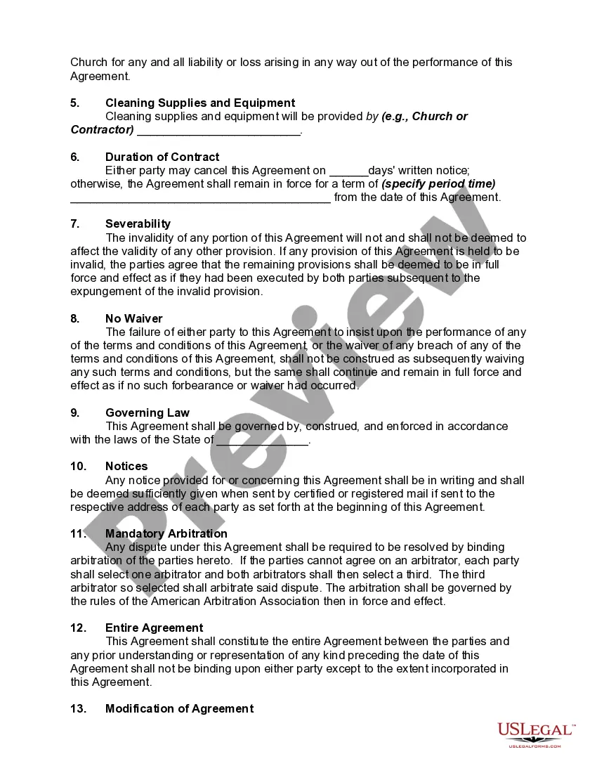 Get Agreement to Provide Part-Time Custodial Services to a Church Preview Agreement to Provide Part-Time Custodial Services to a Church