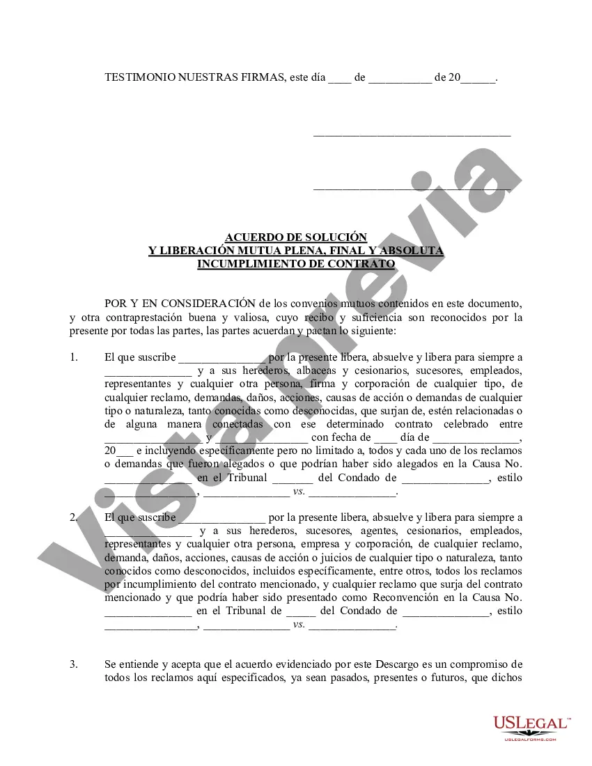Preview Acuerdo de conciliación y liberación de reclamaciones - Litigios - Incumplimiento de contrato