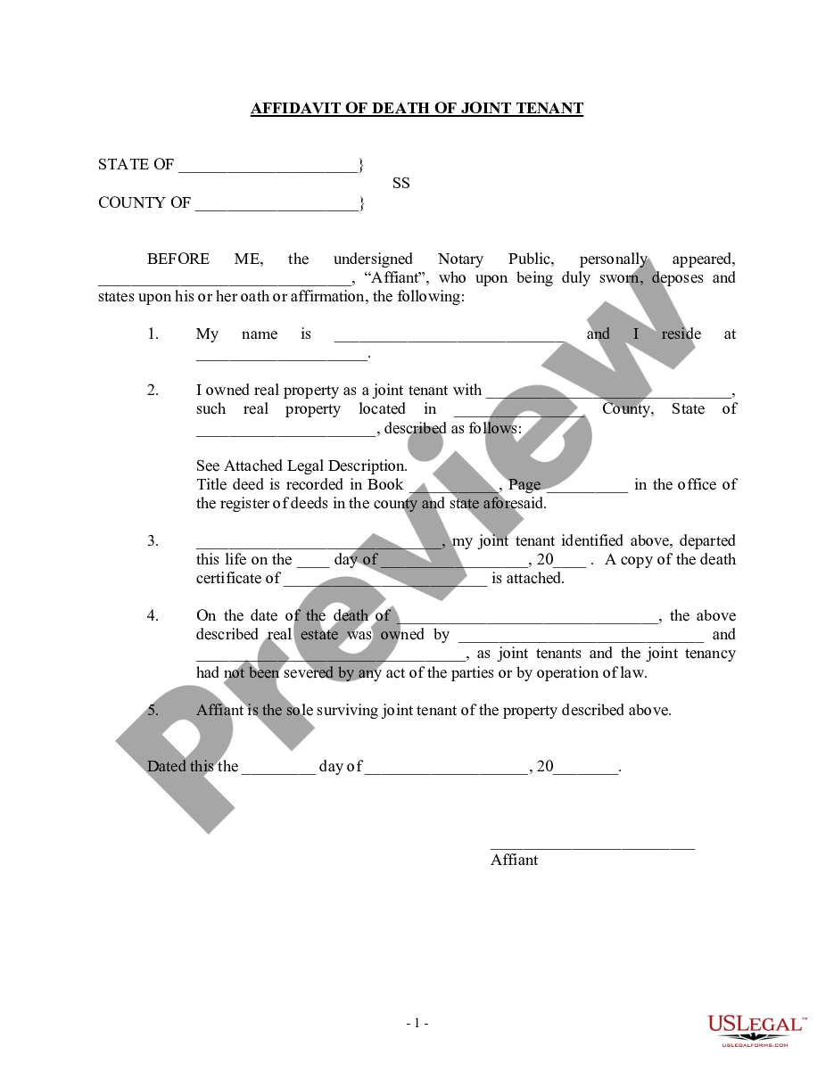 page 0 Affidavit of Death of Joint Tenant by Surviving Joint Tenant preview
