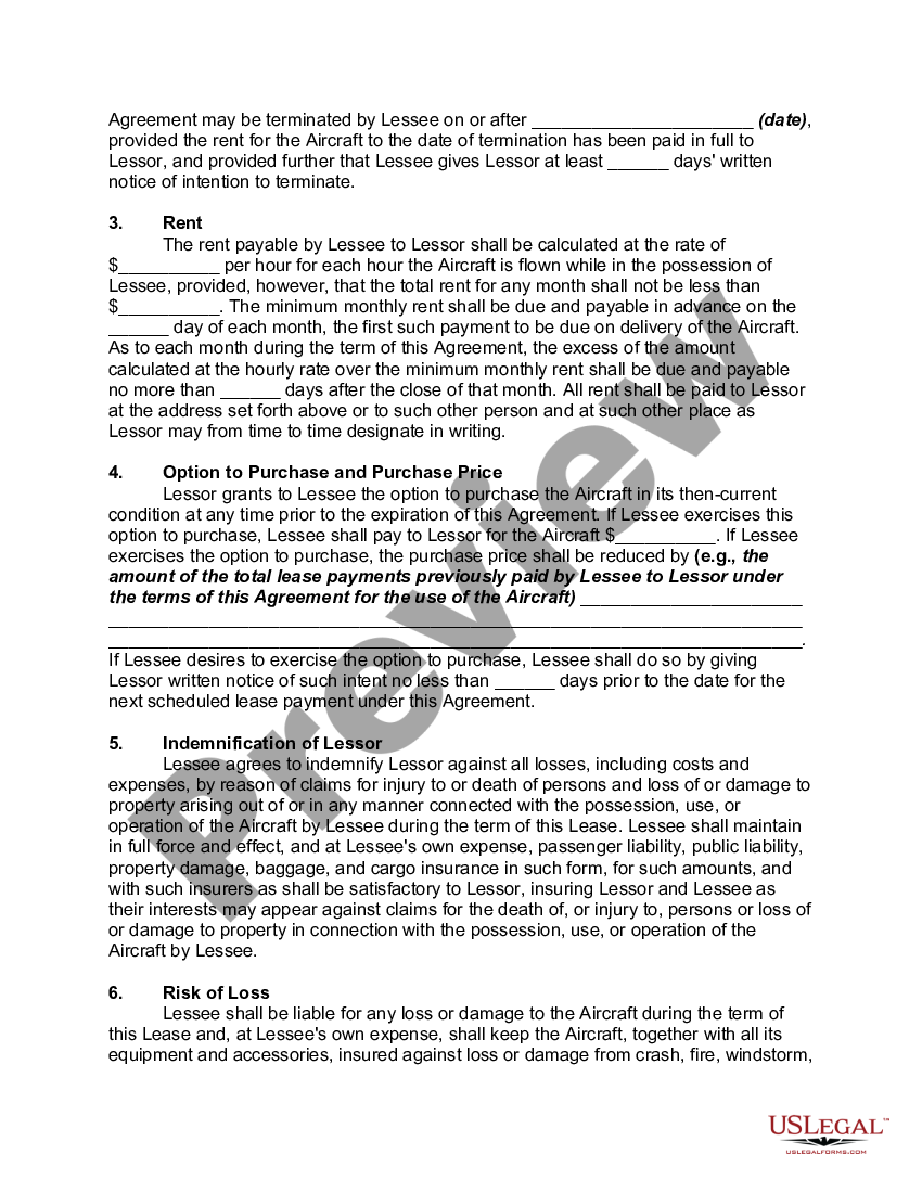 Aircraft Lease Agreement with Option to Purchase Aircraft Lease