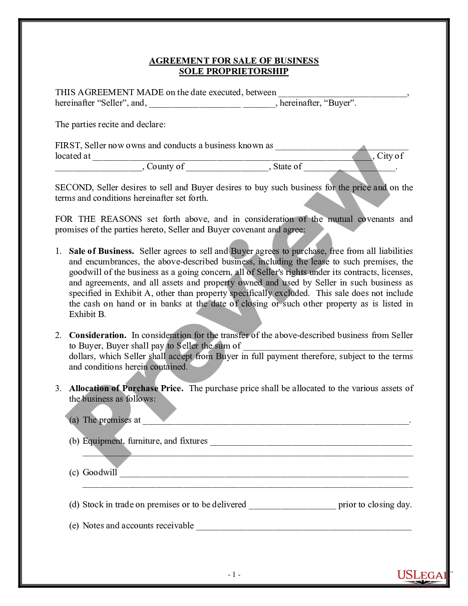 form Agreement for Sale of Business - Sole Proprietorship - Asset Purchase preview