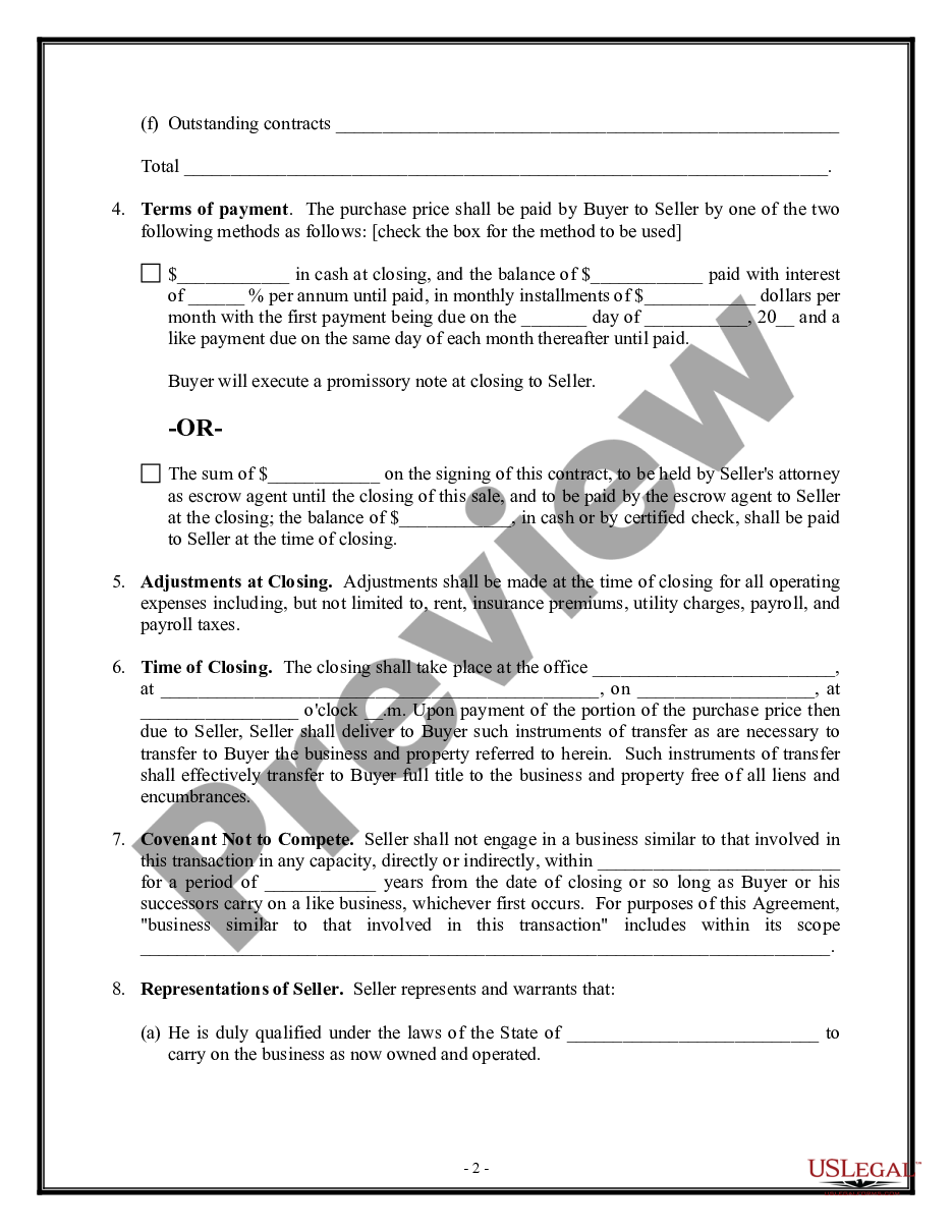 page 1 Agreement for Sale of Business - Sole Proprietorship - Asset Purchase preview