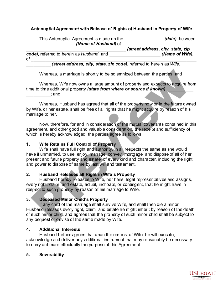 page 0 Antenuptial or Prenuptial Agreement with Release of Rights of Husband in Property of Wife preview