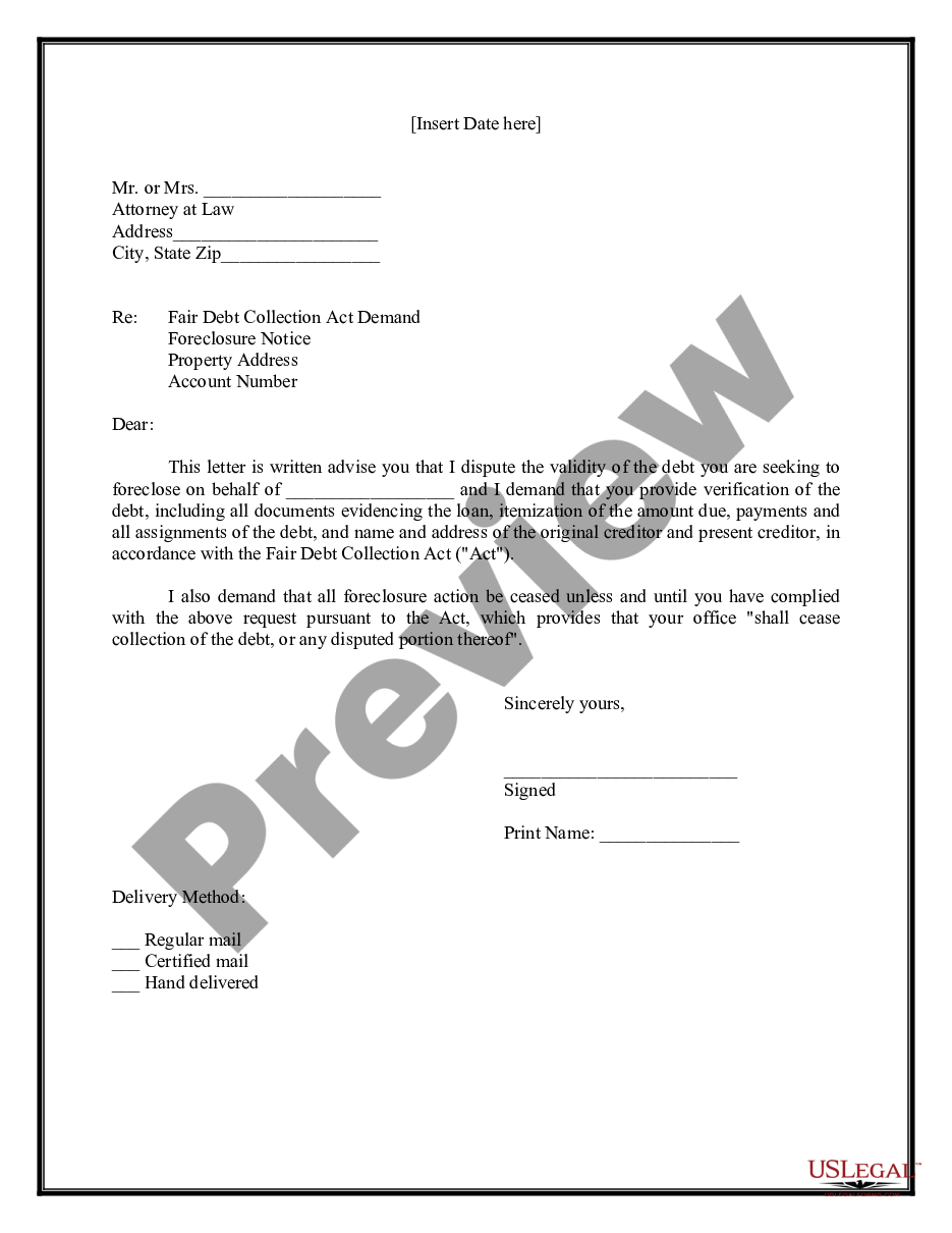 form Letter to Foreclosure Attorney to Provide Verification of Debt and Cease Foreclosure preview