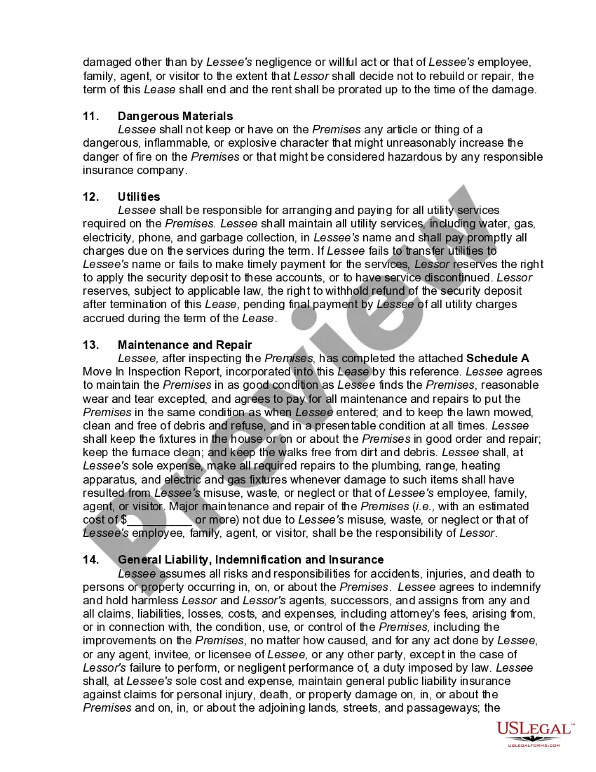 Get Lease of Unfurnished House with Move In and Move Out Inspection Report, Pet and Military Clause Preview Lease of Unfurnished House with Move In and Move Out Inspection Report, Pet and Military Clause