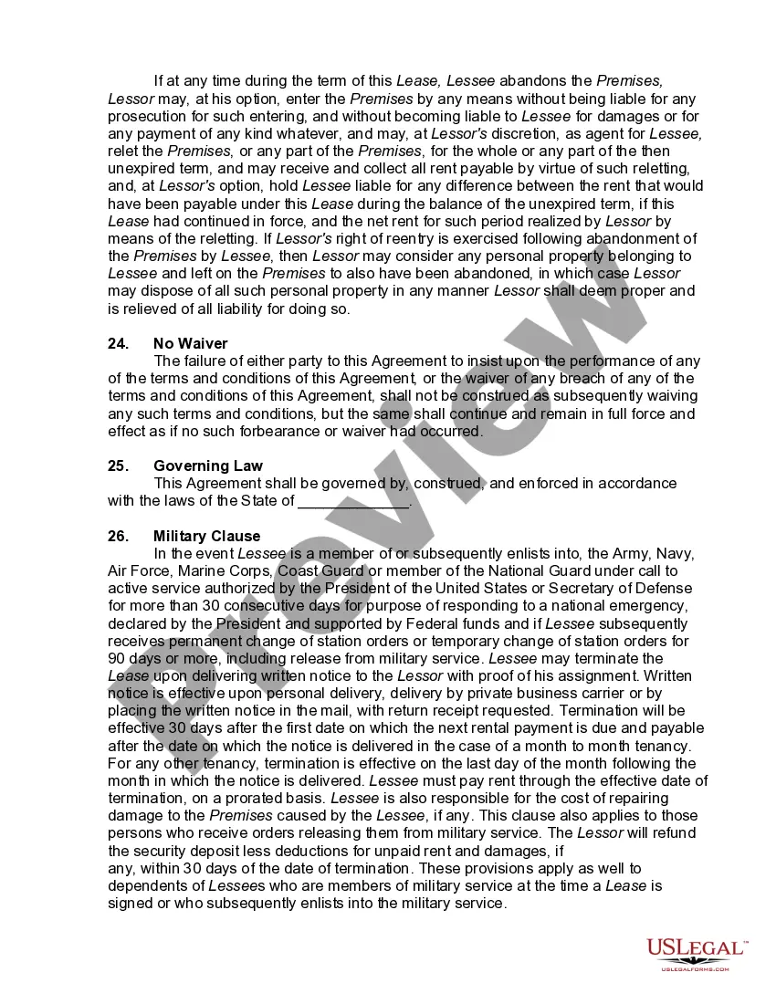 Get Lease of Unfurnished House with Move In and Move Out Inspection Report, Pet and Military Clause Preview Lease of Unfurnished House with Move In and Move Out Inspection Report, Pet and Military Clause