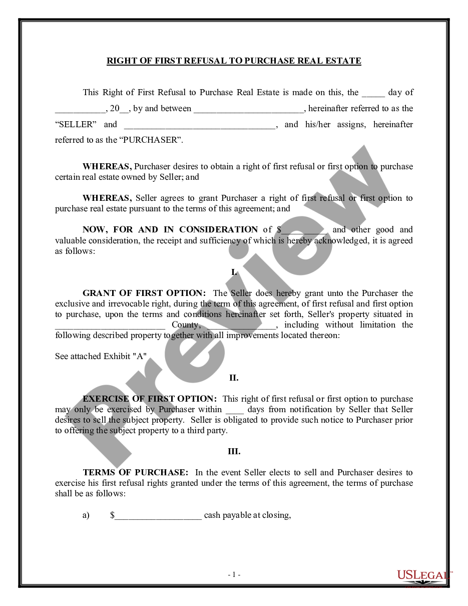 page 0 Right of First Refusal to Purchase Real Estate preview