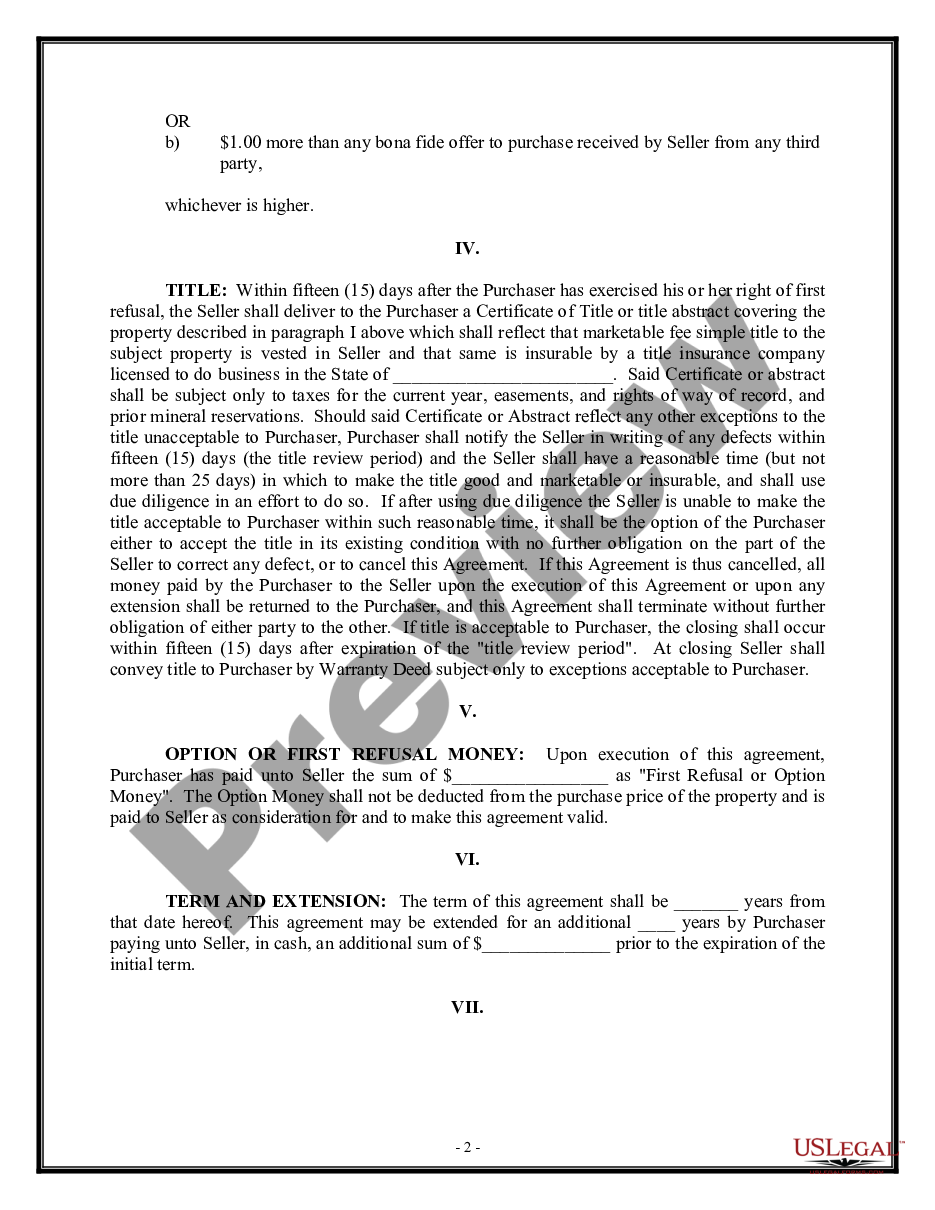 page 1 Right of First Refusal to Purchase Real Estate preview