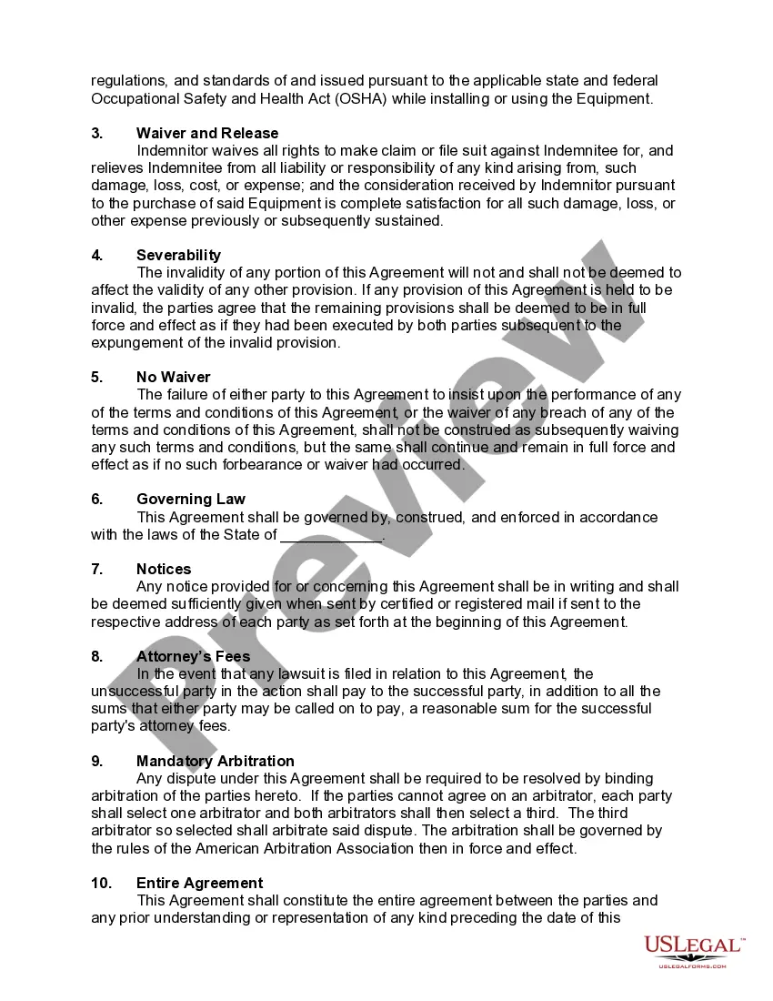 Preview Indemnity Agreement regarding Sale of Industrial Specialty Equipment