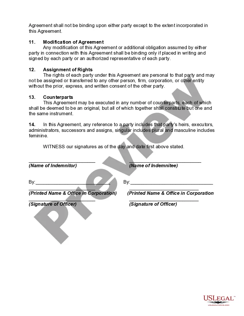 Preview Indemnity Agreement regarding Sale of Industrial Specialty Equipment